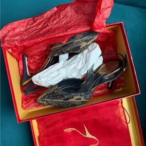 Rene Caovilla Satin Navy Beaded Slingback Heels